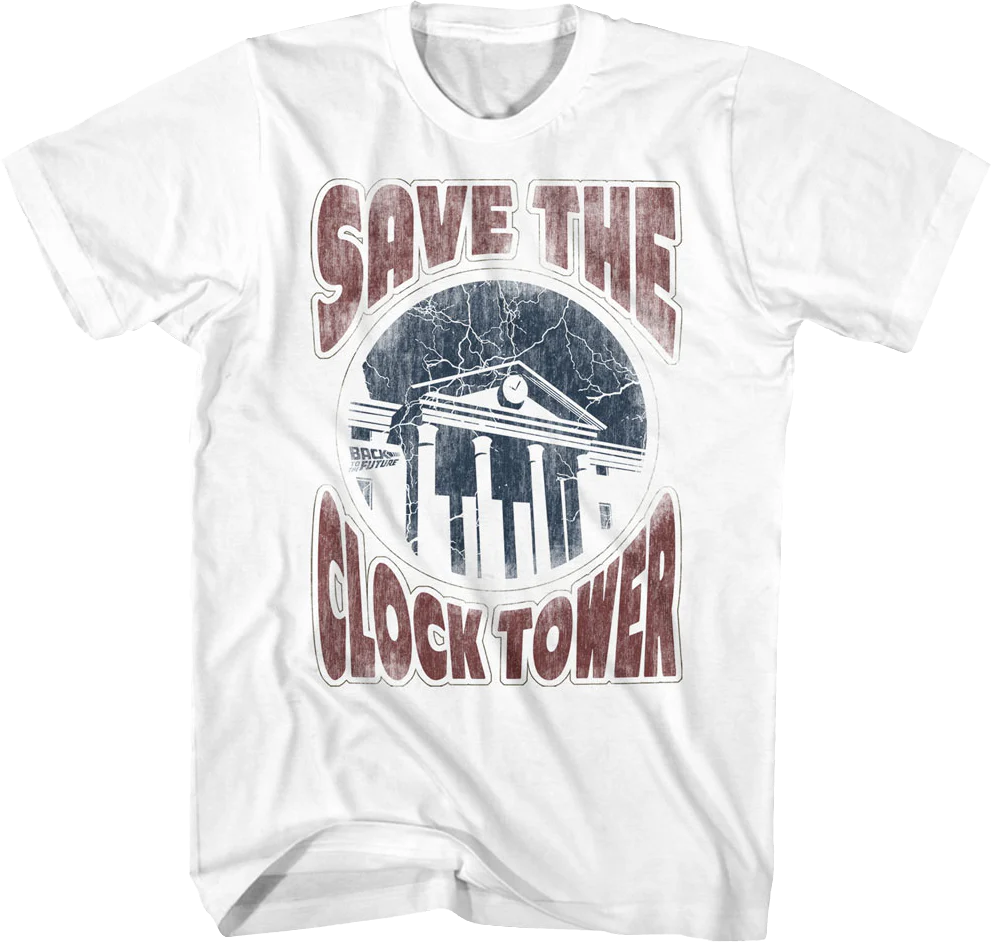 Distressed White Save The Clock Tower Back To The Future T-Shirt