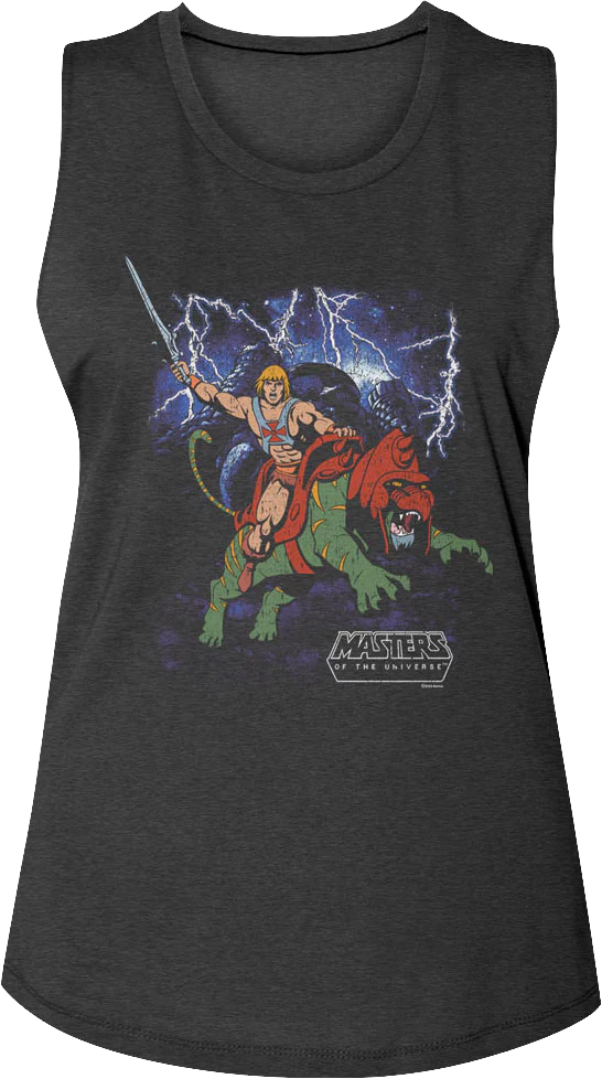 Ladies Vintage He-Man & Battle Cat Poster MOTU Muscle Tank Top