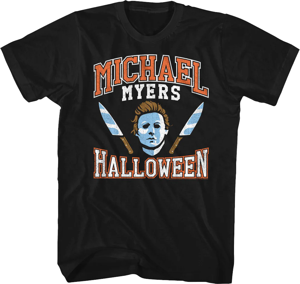 Michael Myers Mask And Knives Varsity Logo Halloween T-Shirt