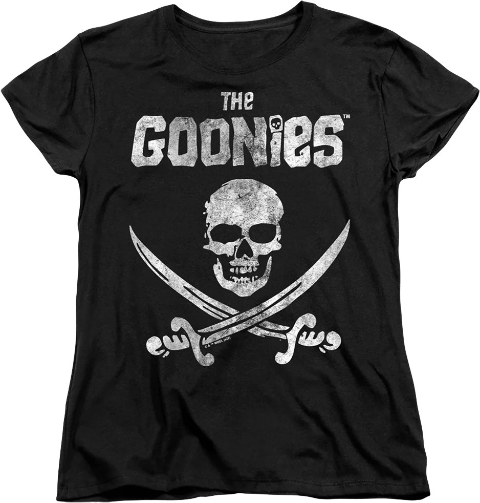 Womens Black Vintage Skull & Crossed Swords Goonies Shirt