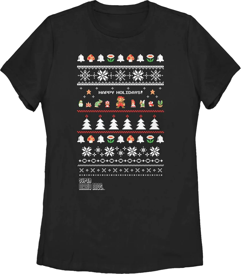 Womens Happy Holidays Faux Ugly Xmas Sweater Super Mario Bros. Shirt